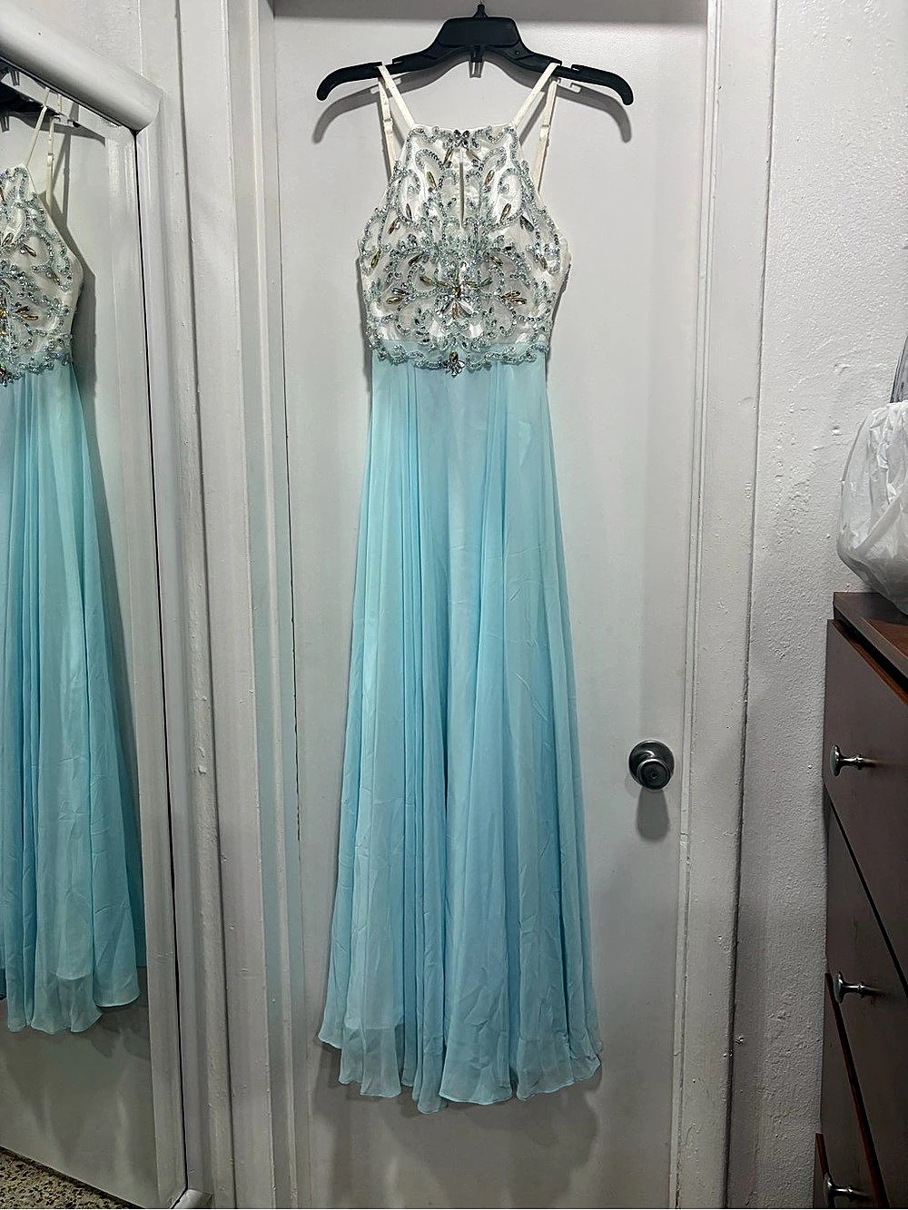 Embellished Maxi Dress in Blue & White Like New